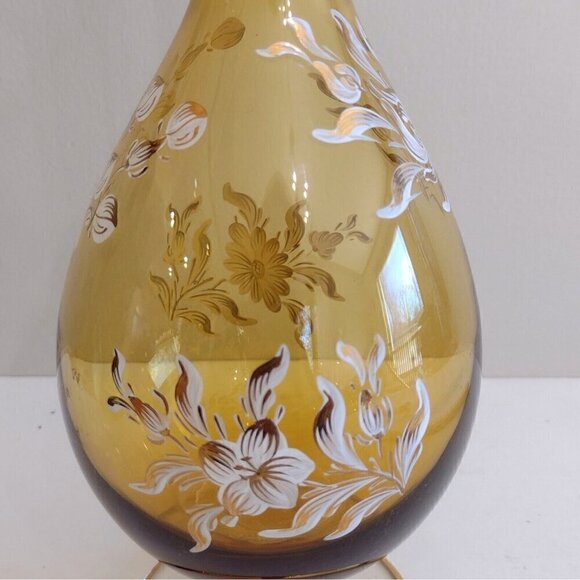 Vtg Italy Hand Blown Glass Wine Decanter Amber Gold White Floral Hand Painted - Picture 7 of 15